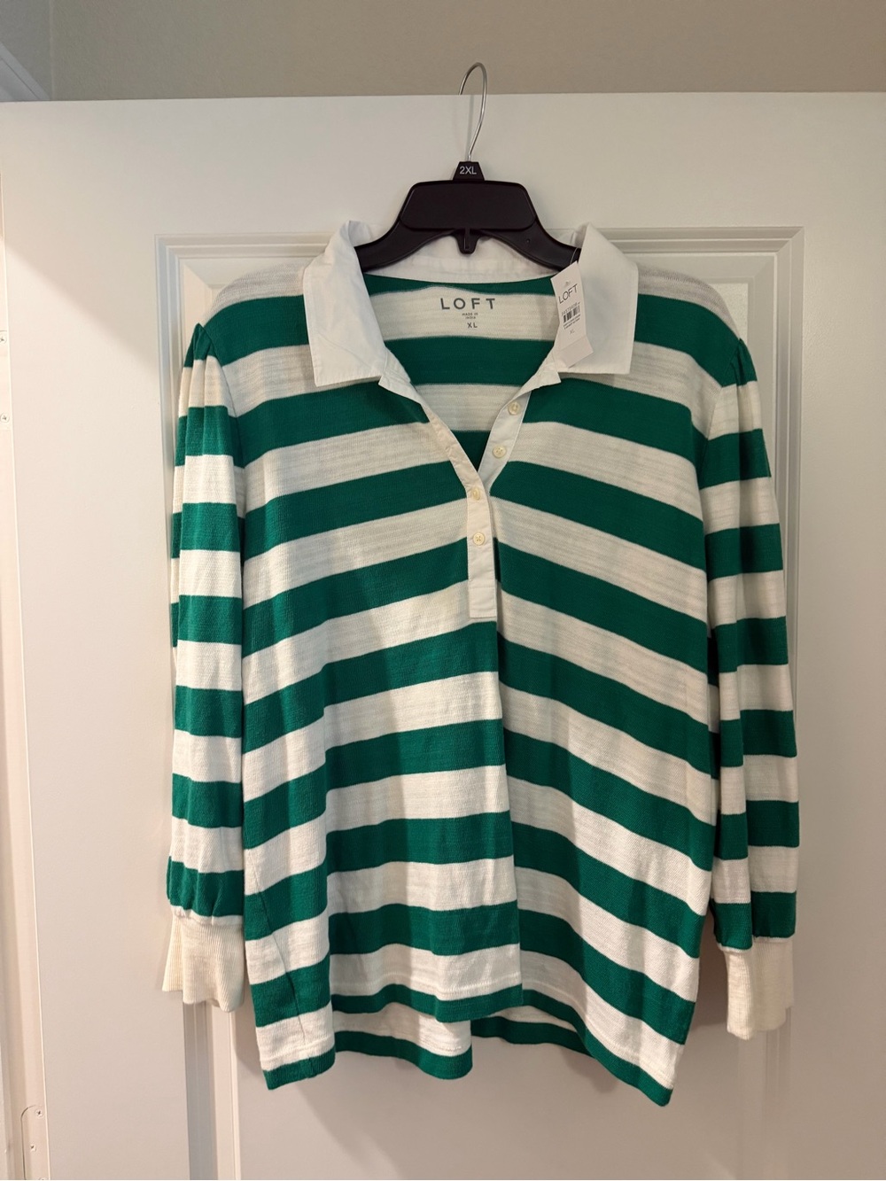 LOFT Green & White Striped Polo Sweater Top